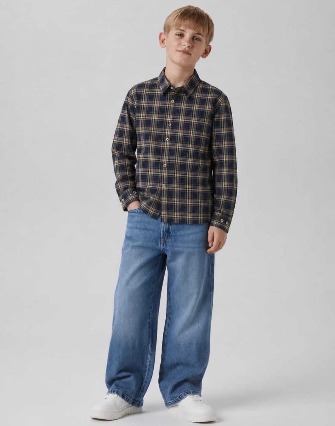 Boys Khaki Checked Cotton Shirt