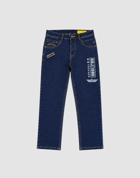 Boys Dark Blue Typographic Print Regular Fit Jeans