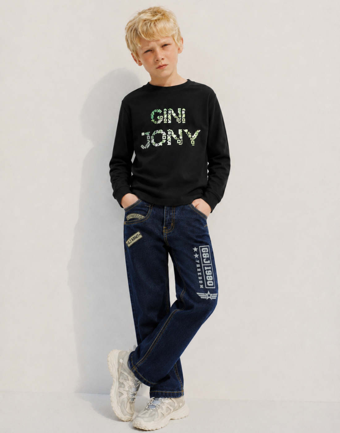 Boys Dark Blue Typographic Print Regular Fit Jeans