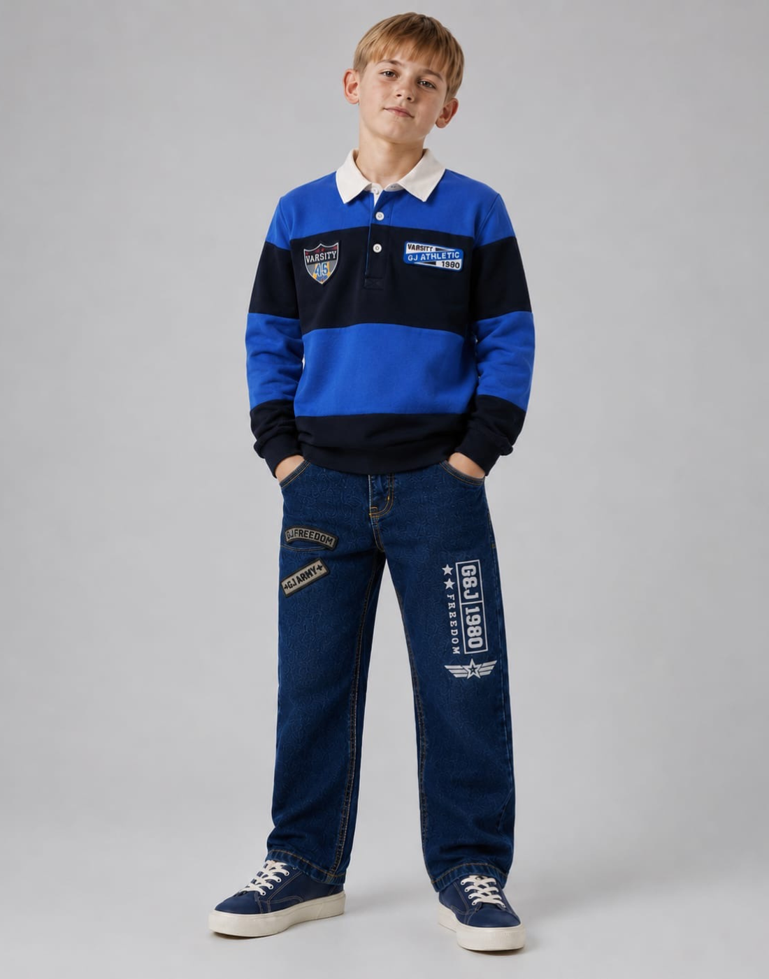 Boys Blue Color Block Full Sleeve Polo T-Shirt