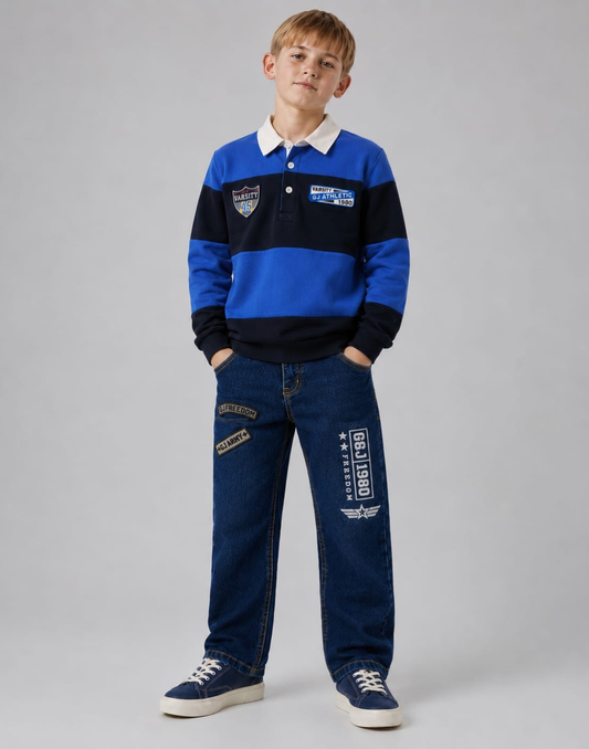 Boys Blue Color Block Full Sleeve Polo T-Shirt