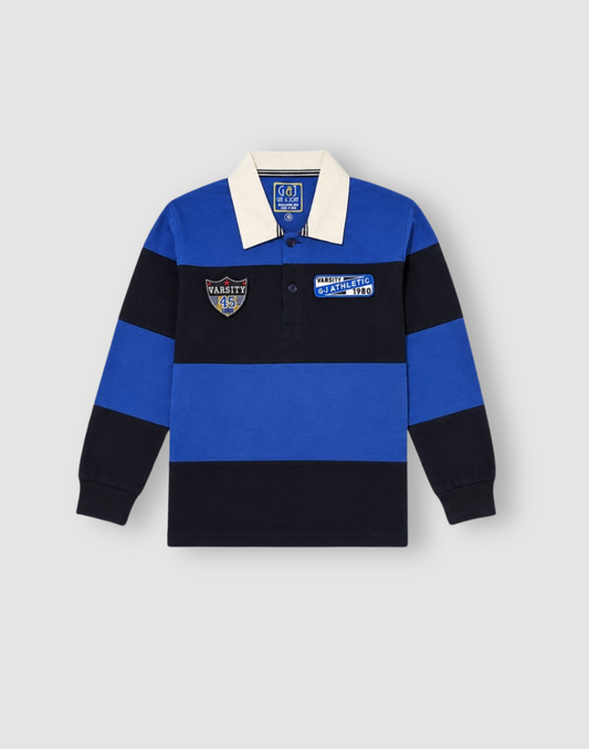 Boys Blue Color Block Full Sleeve Polo T-Shirt
