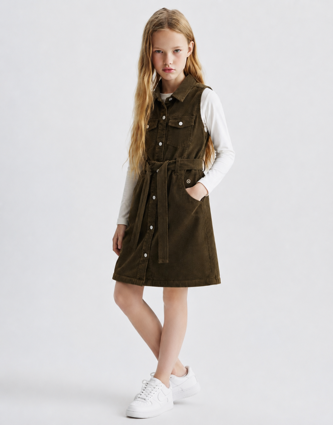 Girls Olive Corduroy Dress Full Sleeves