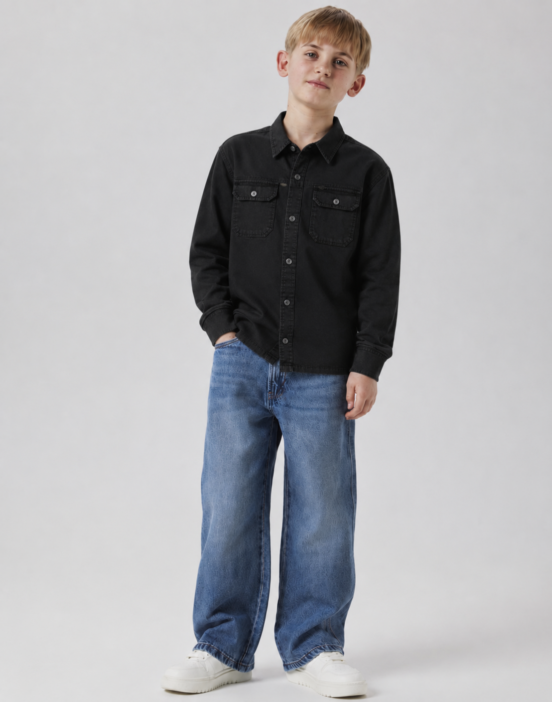 Boys Black Solid Full Sleeve Shacket