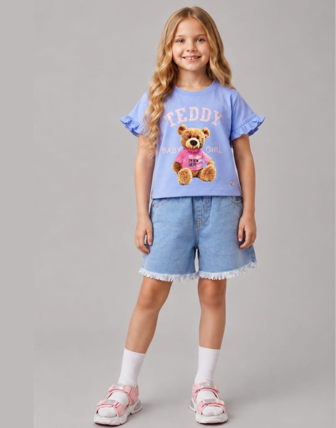 Girls Blue Cotton Knits Top Half Sleeves