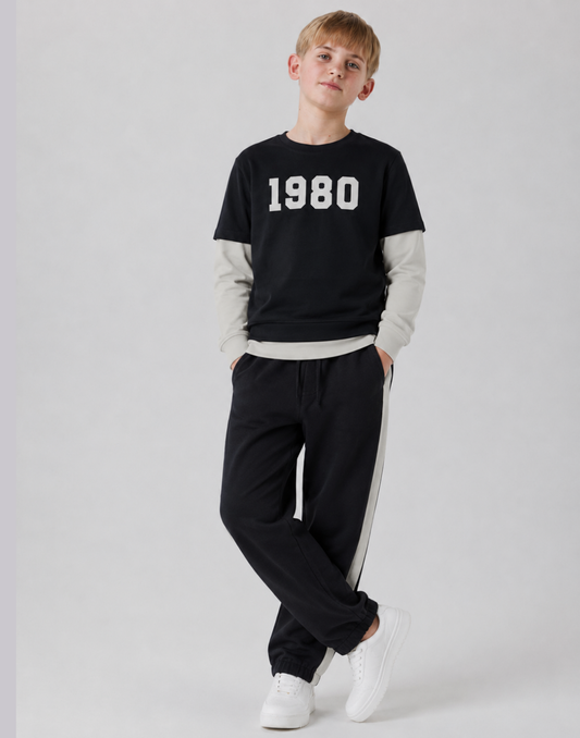 Boys Black Color Block Full Sleeve Track Set