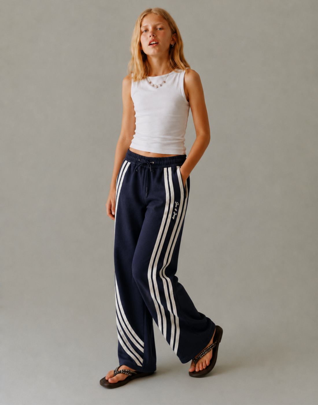 Girls Navy Blue Stripes Track Pants