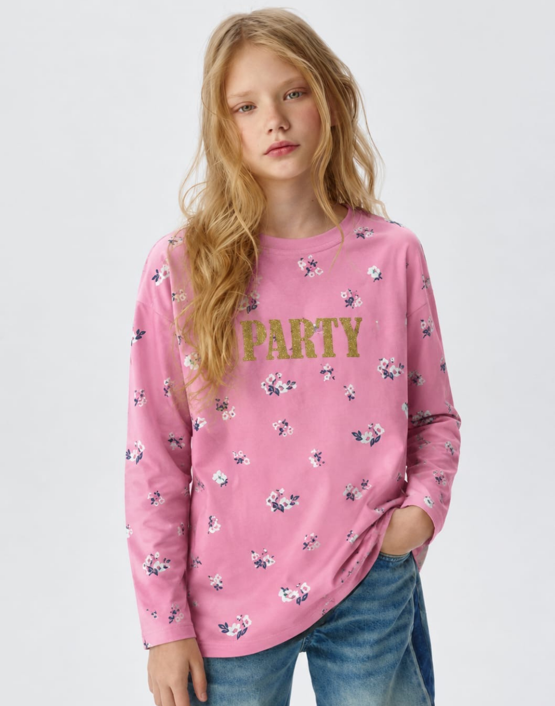 Girls Pink Floral Full Sleeve Knits Top