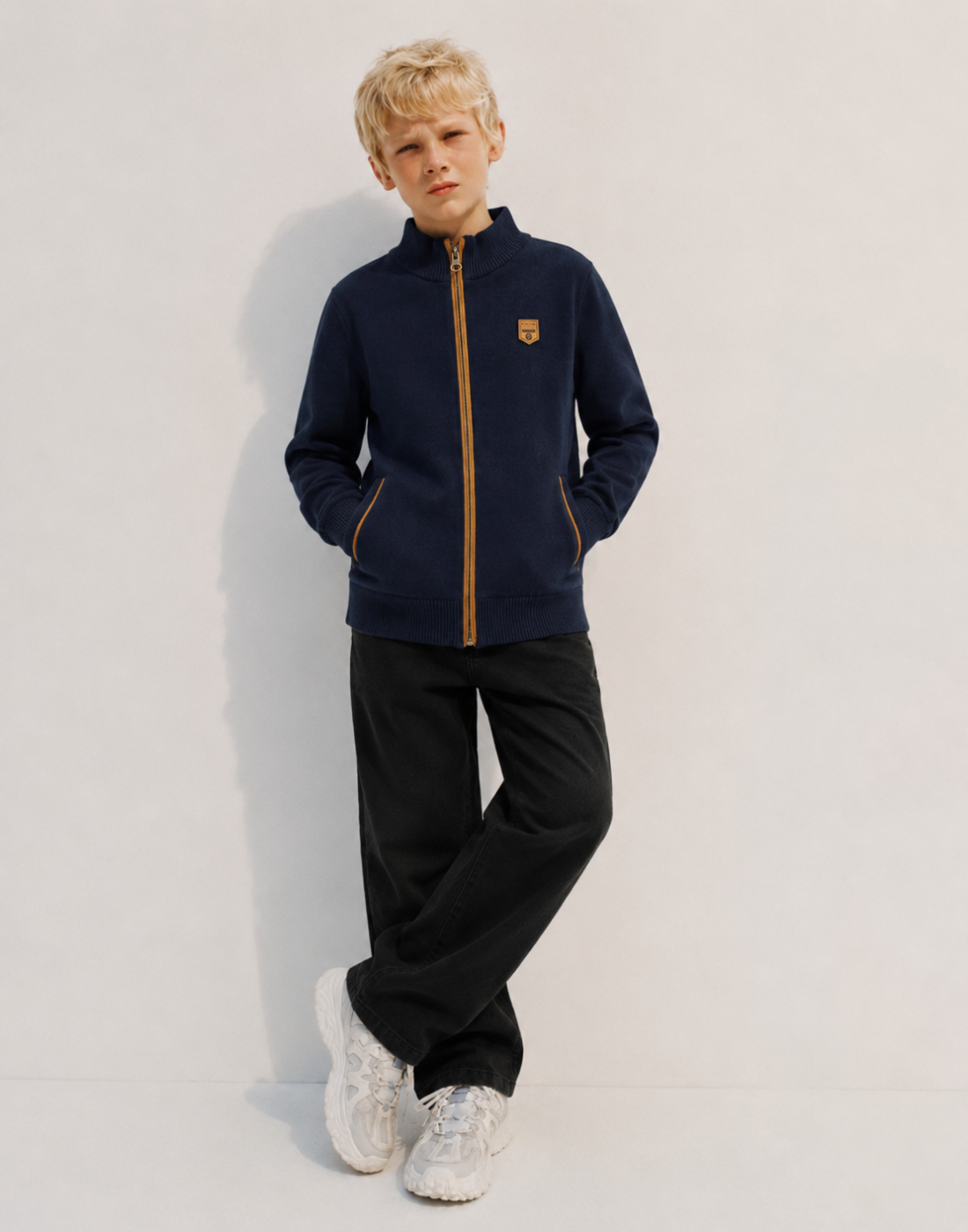 Boys Navy Blue Solid Full Sleeve Sweater
