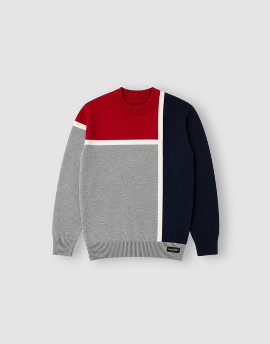 Boys Navy Blue Color Block Full Sleeve Sweater