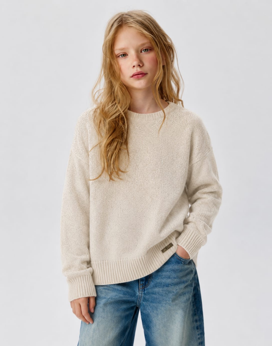 Girls Cream Acrylic Sweater Full Sleeves