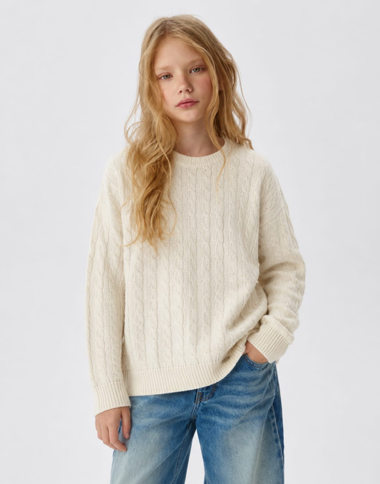 Girls White Solid Acrylic Sweater