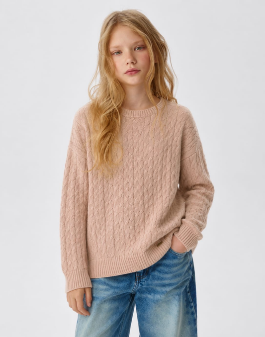 Girls Peach Cable Knit Full Sleeve Sweater