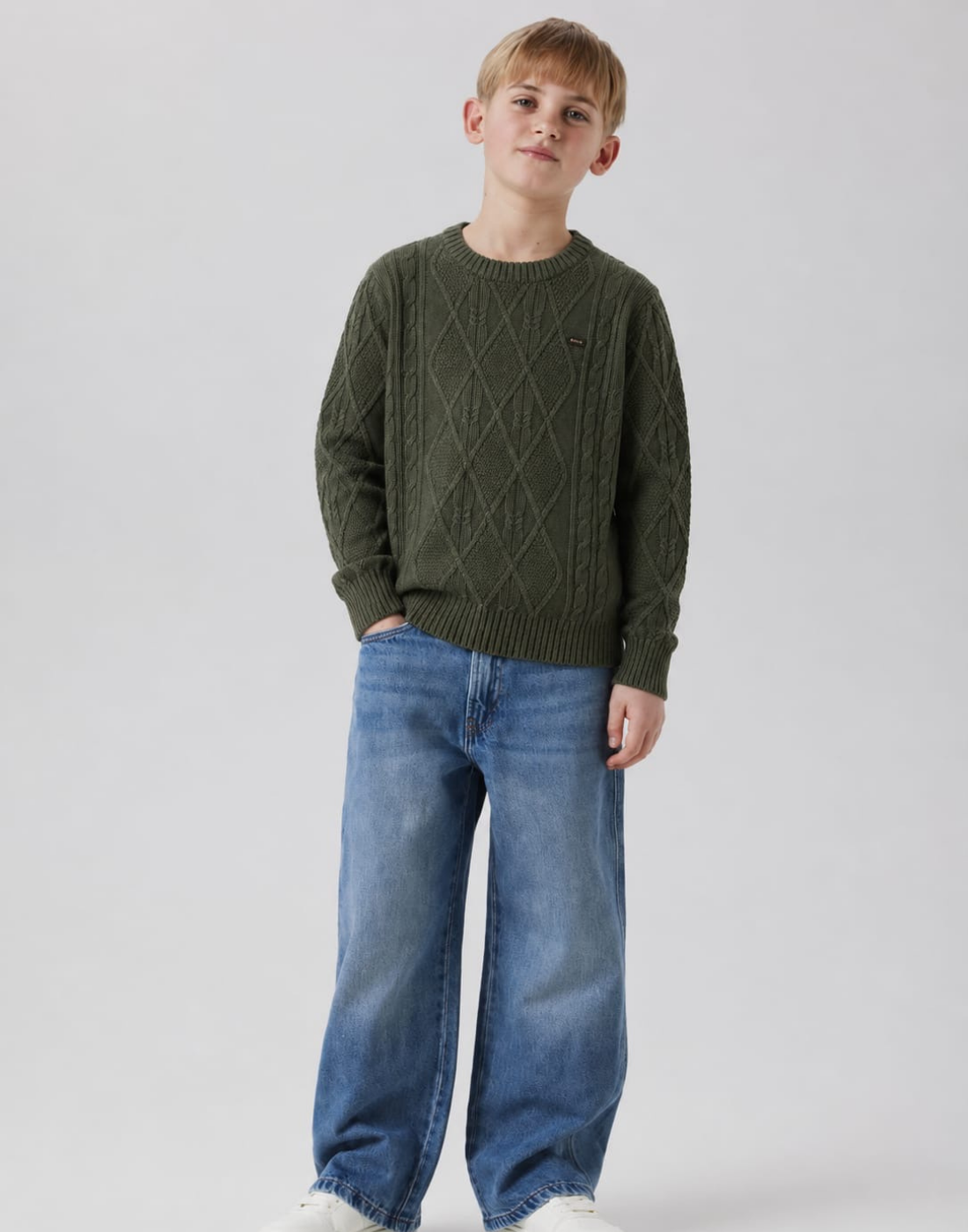 Boys Green Cable Knit Full Sleeve Sweater