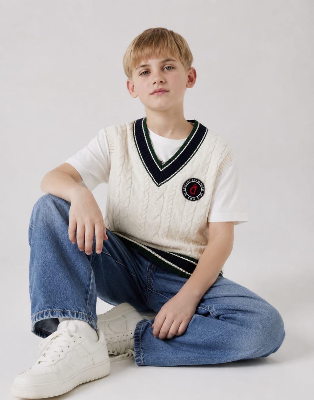 Boys Off White Acrylic Sweater Sleeveless