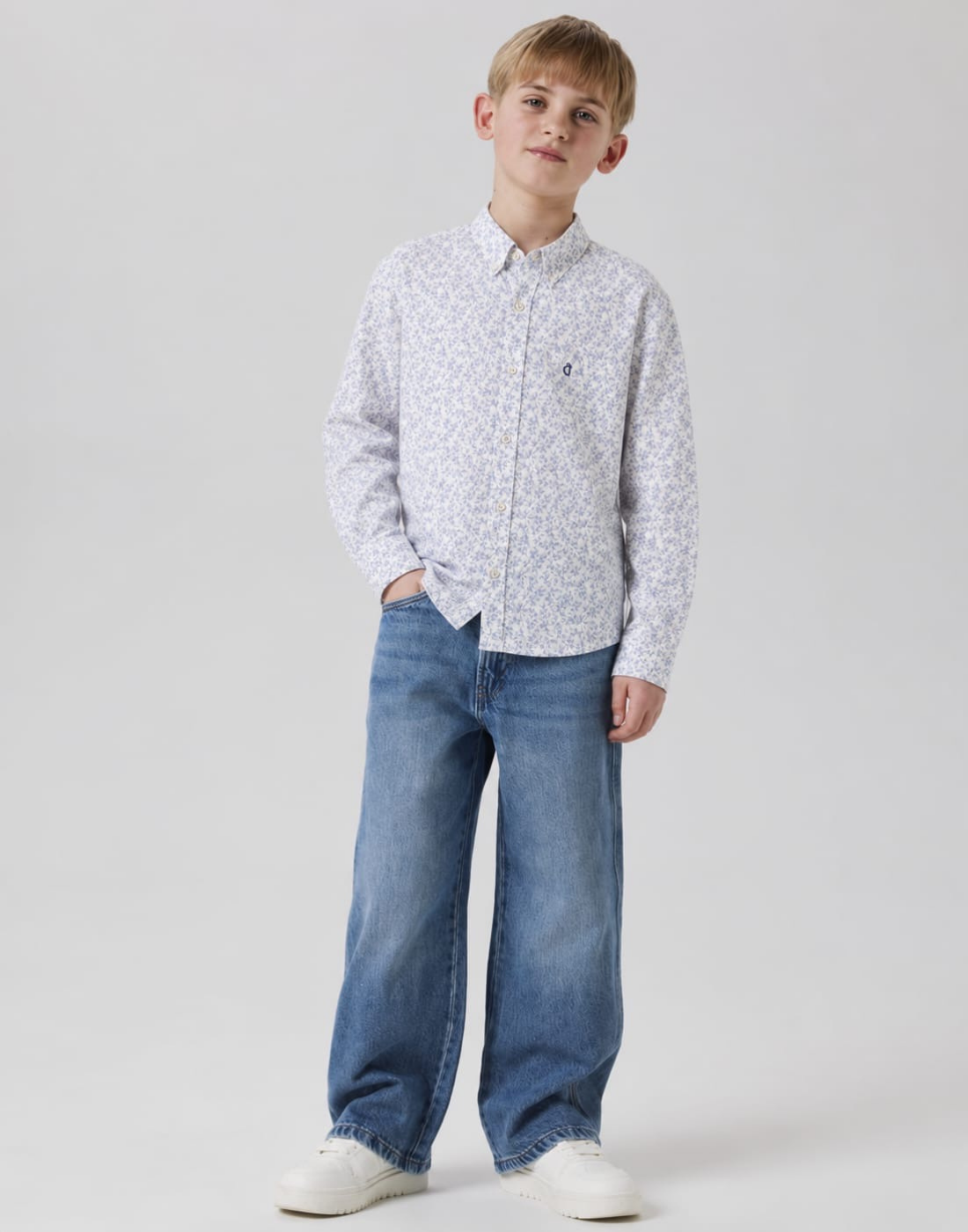 Boys White Floral Cotton Shirt