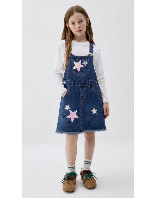 Girls Blue Embellished Full Sleeve Dungaree