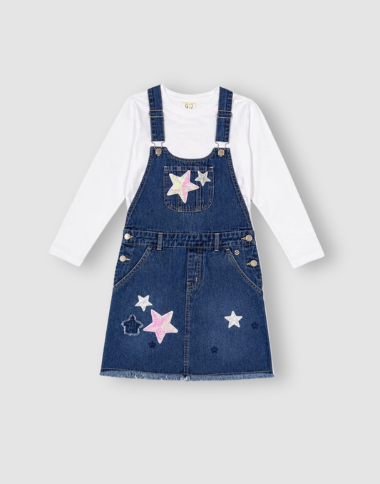 Girls Blue Embellished Full Sleeve Dungaree