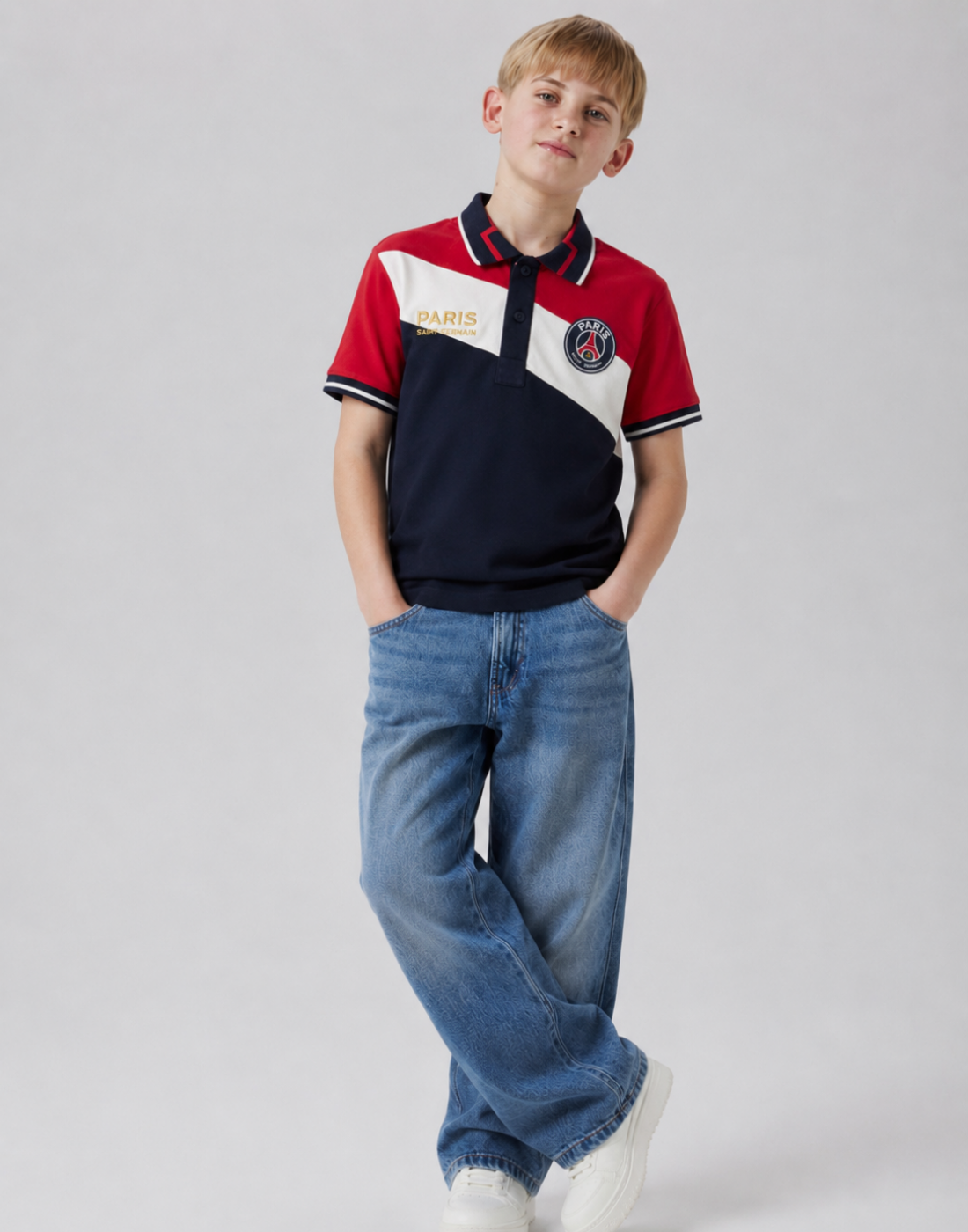 Boys Navy Blue Color Block Half Sleeve Polo T-Shirt