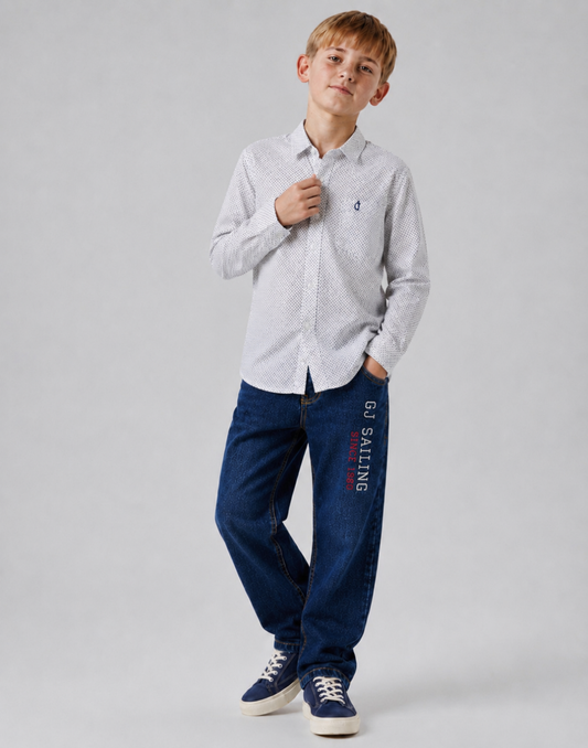 Boys White Conversational Full Sleeve Shirt