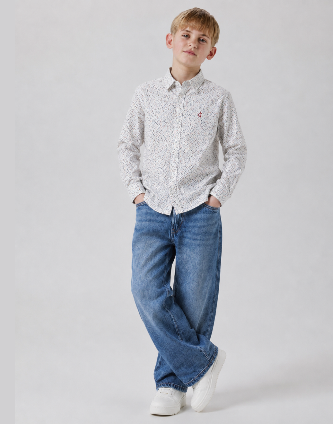 Boys White All Over Printed Full Sleeve Shirt