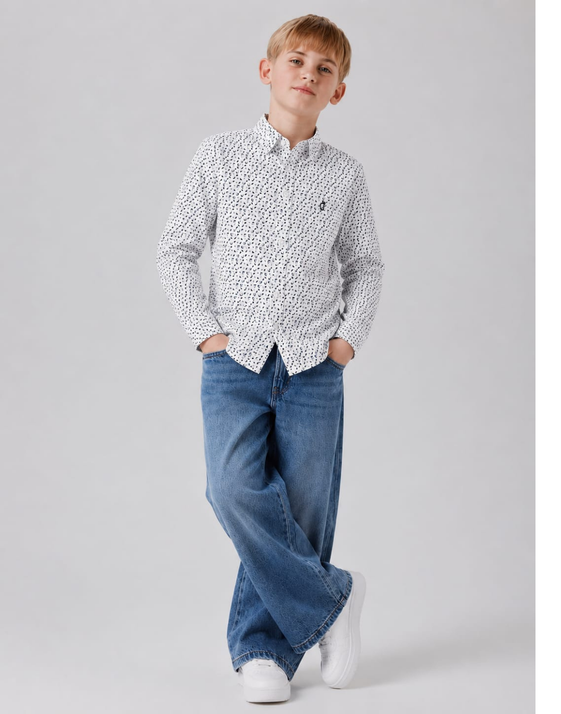 Boys White Geometric Print Full Sleeve Shirt