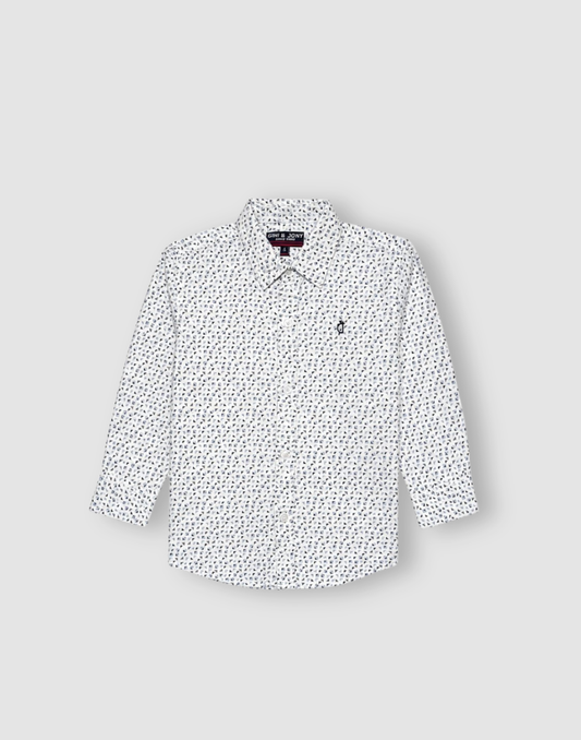 Boys White Geometric Print Full Sleeve Shirt