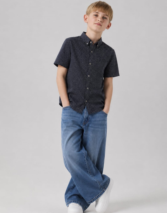 Boys Navy Blue Polka Dot Half Sleeve Shirt