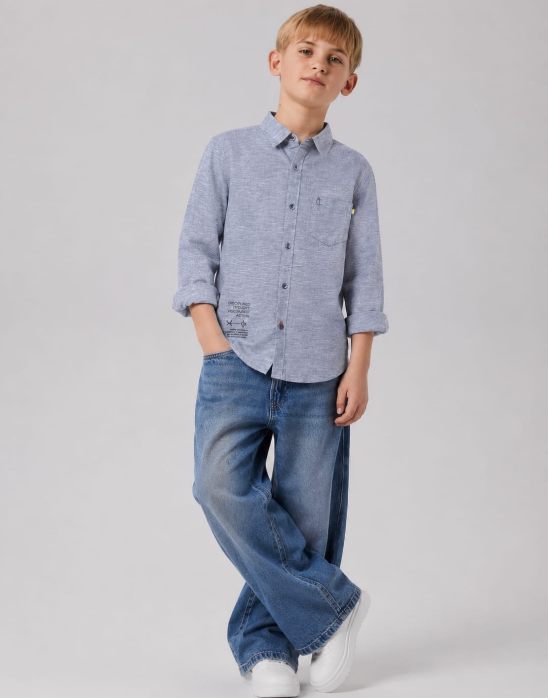 Boys Grey Typographic Print Full Sleeve Shirt