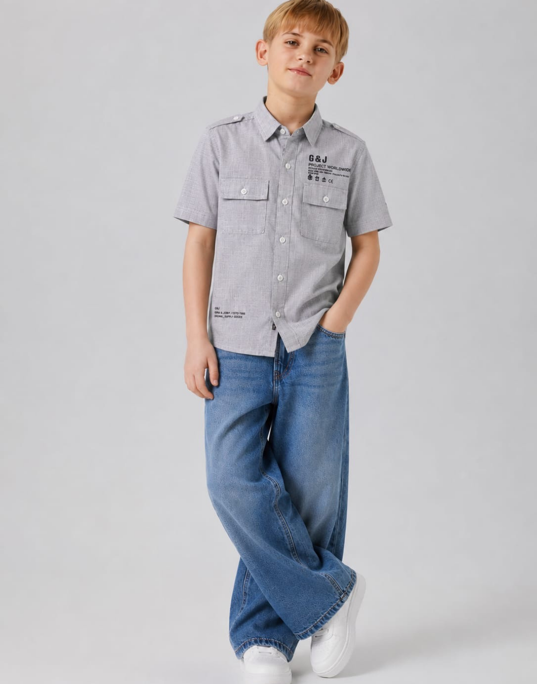Boys Light Grey Micro Checks Half Sleeve Shirt