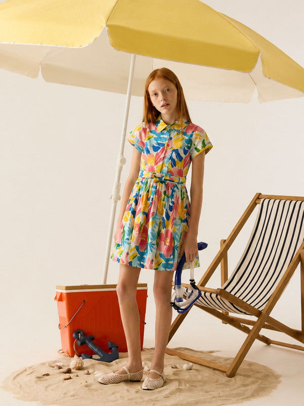 Tropical Print Flared Cotton Dress