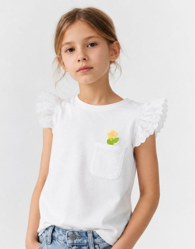 Girls White Cotton Knits Top Half Sleeves