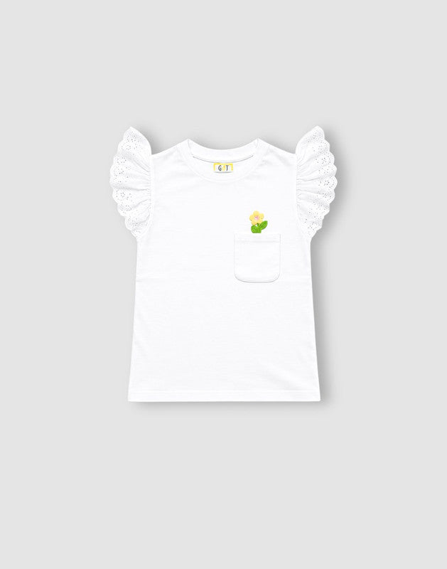 Girls White Cotton Knits Top Half Sleeves