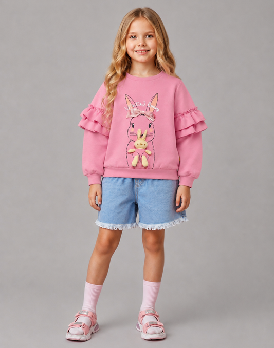 Girls Pink Cotton Sweat Shirt Full Sleeves