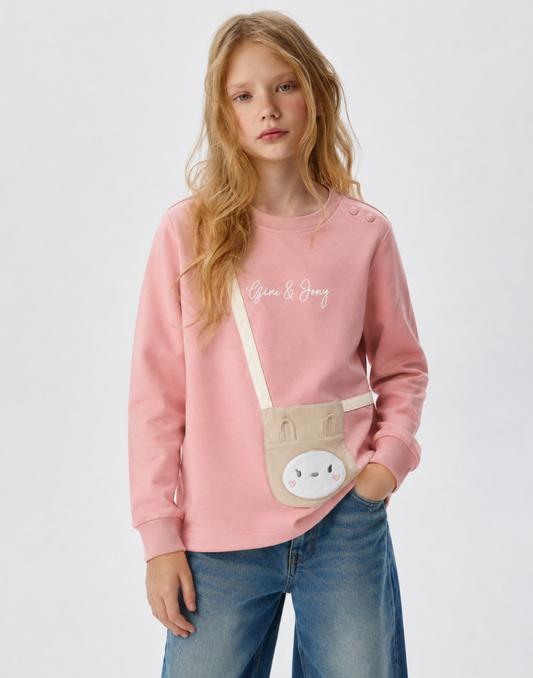 Girls Peach Graphic Print/Applique Sweat Shirt