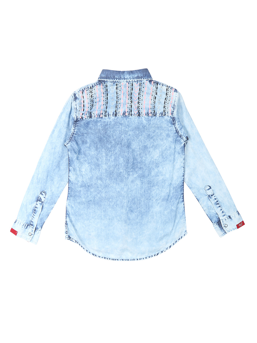 Girls Blue Washed Denim Woven Top Full Sleeves