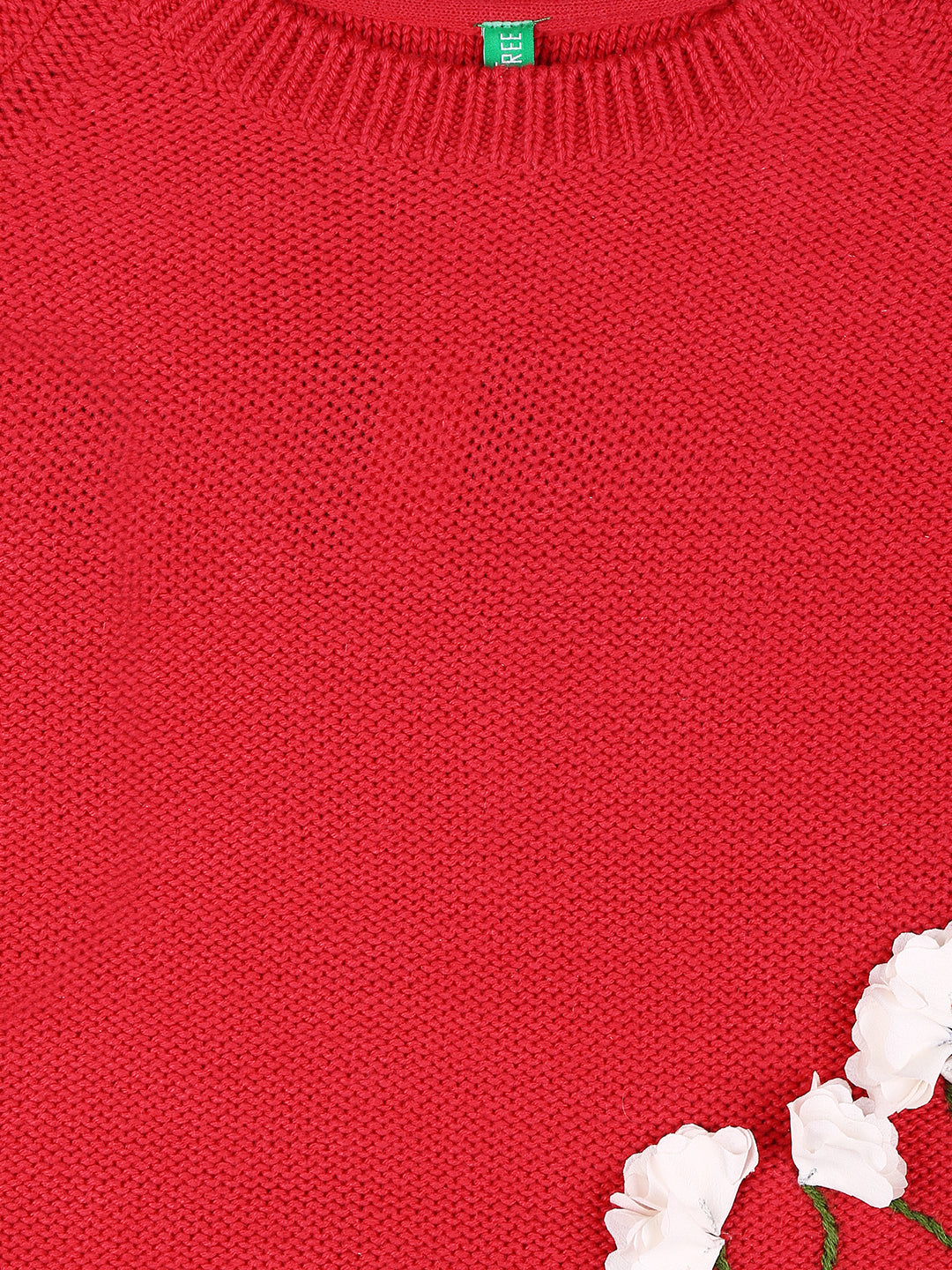 Girls Red Applique Cotton Sweater Full Sleeves