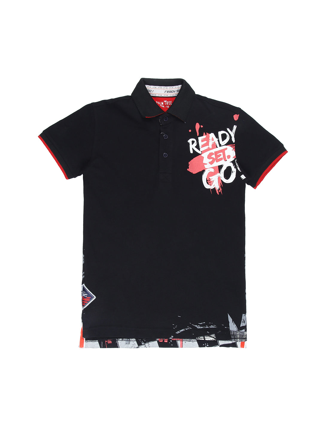 Boys Black Typographic Print Cotton Polo T-Shirt Half Sleeves