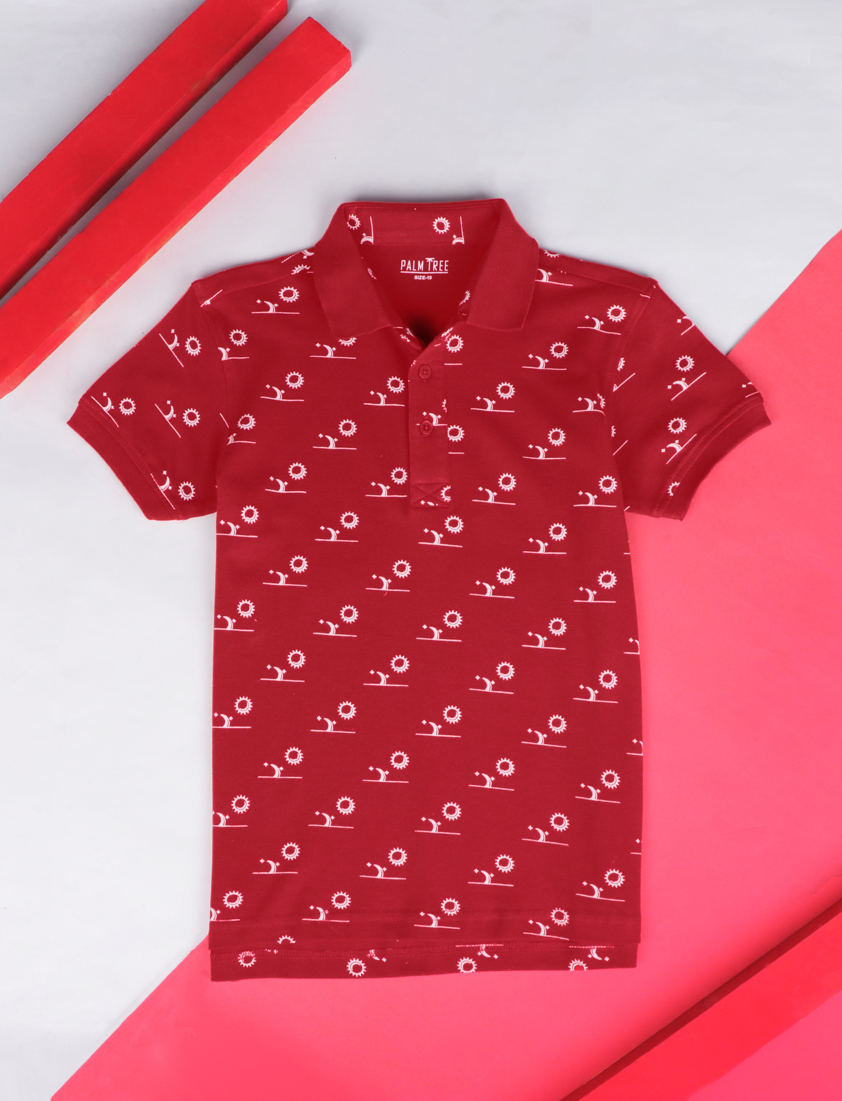 Boys Red Printed Knits Polo T-Shirt