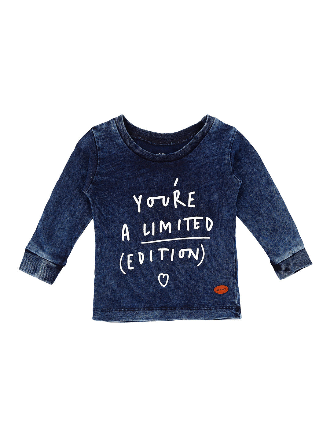 Girls Navy Blue Typographic Print Denim Knits Top Full Sleeves