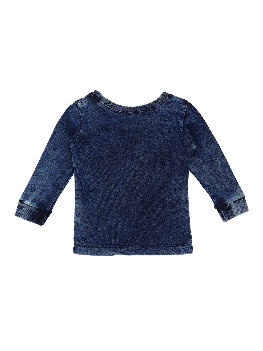 Girls Navy Blue Typographic Print Denim Knits Top Full Sleeves
