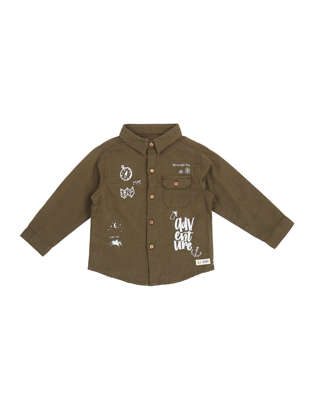 Boys Olive Graphic Print Cotton Shirt Full Sleeves