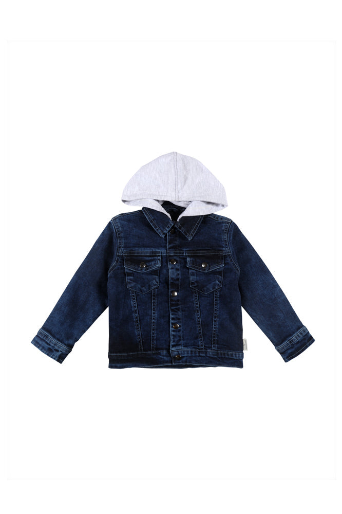 Boys Navy Blue Solid Denim Woven Jacket Full Sleeves