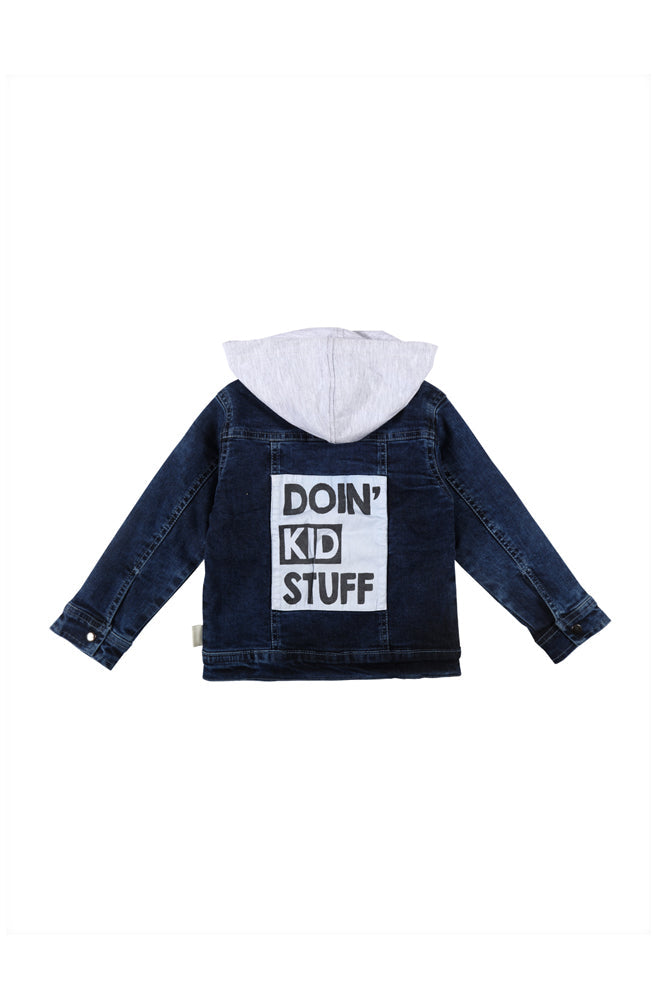 Boys Navy Blue Solid Denim Woven Jacket Full Sleeves