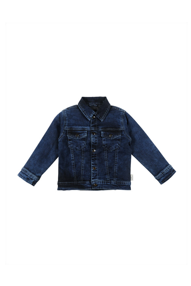 Boys Navy Blue Solid Denim Woven Jacket Full Sleeves