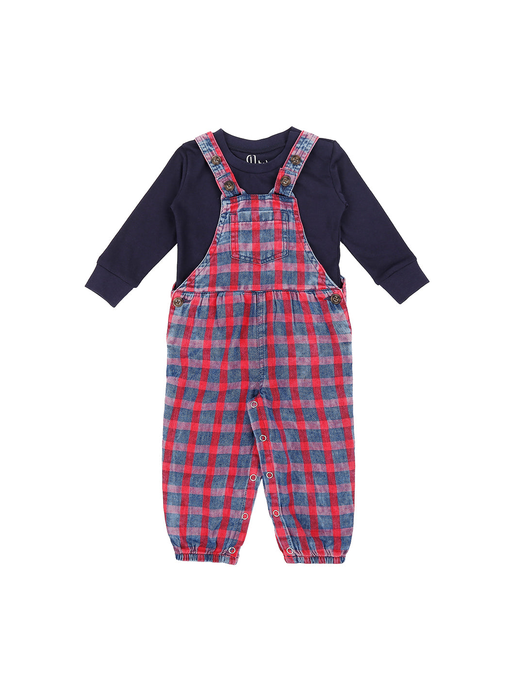 Girls Blue Checks Denim Dungree Full Sleeves