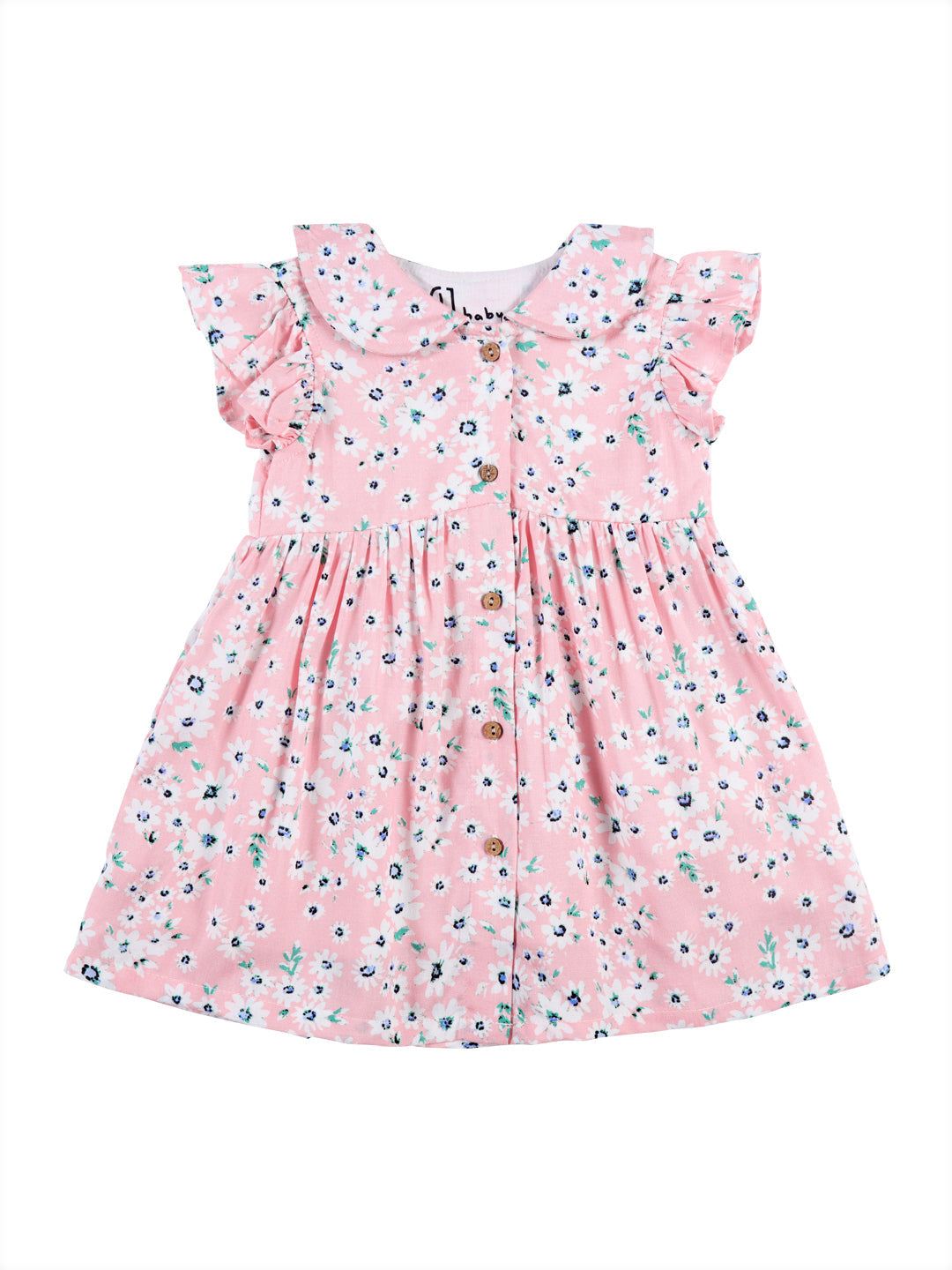 Girls Pink Floral Print Cotton Dress Half Sleeves