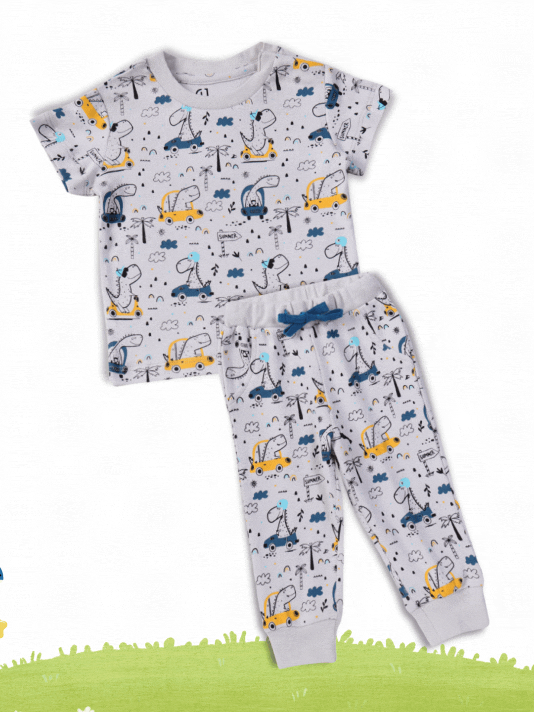 Baby Boys White Cotton Printed Cordinate