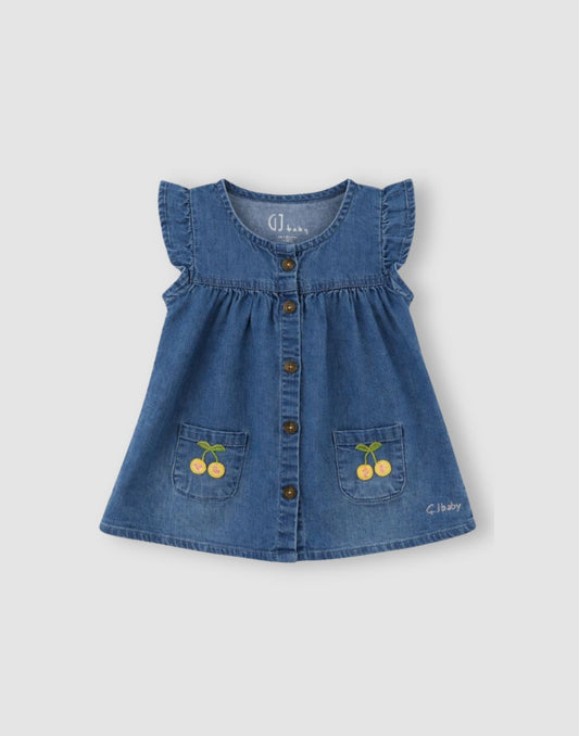 Girls Blue Solid Denim A-Line Dress