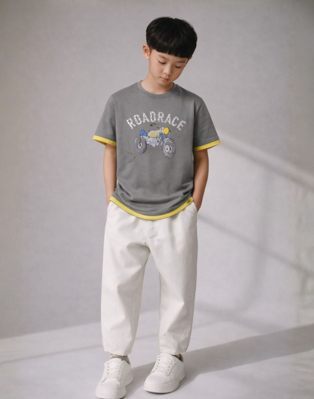 Grey & Yellow Graphic Cotton T-Shirt
